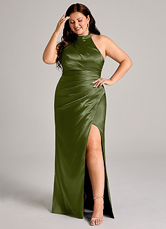 Azazie Jemma Brautjungfernkleider Etui Plissee Metallischer Satin Kleid Olivgrün image8