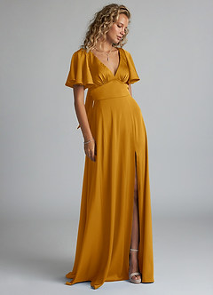 Azazie Kimber Bridesmaid Dresses Butterscotch A-Line Ruched Stretch Satin Dress image4