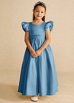 Azazie Piglette Flower Girl Dresses Steel Blue A-Line Bow Matte Satin Dress image4
