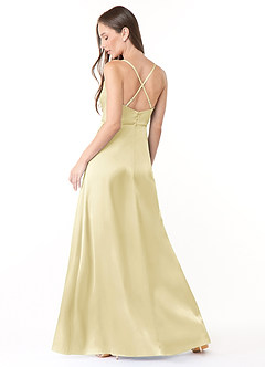 Azazie Naomie Final Sale Lemon Sorbet A-Line Cowl Neckline Side Slit Stretch Satin Dress image2