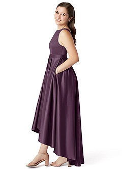 Azazie Inaya Junior Plum A-Line with Belt Stretch Satin Dress image3