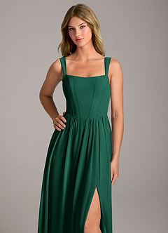 Azazie Rosaline Bridesmaid Dresses Emerald A-Line Side Slit Chiffon Dress image2