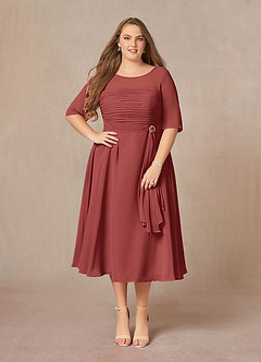 Azazie Naomi Mère de la mariée Robes Robe Trapèze en Mousseline de soie Col bateau plissé Terracotta image10