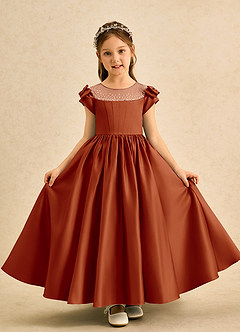 Azazie Toffee Abiti da Ragazza di Fiori Abito Stile Principessa in Raso Opaco Fiocco Paprika image2