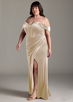 Azazie Jas Bridesmaid Dresses Champagne Sheath Off-The-Shoulder Corset Velvet Convertible Dress image13