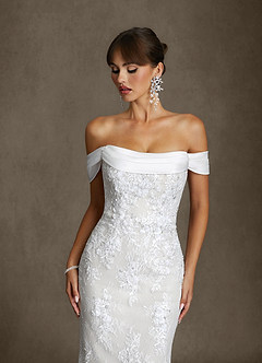 Azazie Harrah At-home Try On Dresses Diamond White Mermaid Off the Shoulder Lace Dress image4