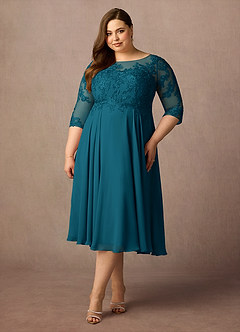 Azazie Marge At-home Try On Dresses Ink Blue A-Line Scoop Lace Chiffon Dress image6
