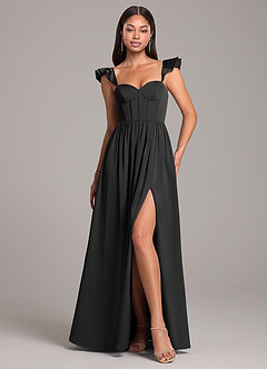 Azazie Denisse Bridesmaid Dresses Black A-Line Ruched Stretch Satin Dress image1