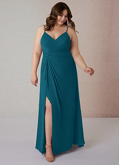 Azazie Emerald Bridesmaid Dresses Ink Blue A-Line Ruffled Chiffon Dress image7