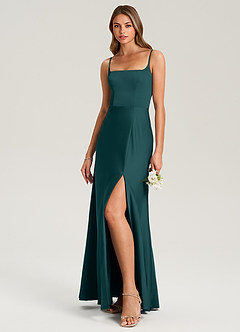 Azazie Lidia Bridesmaid Dresses Pine Mermaid Side Slit Stretch Satin Dress image3