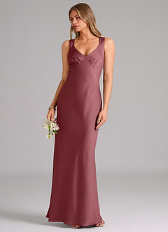 Azazie Kamila Bridesmaid Dresses Desert Rose A-Line Pleated Stretch Satin Dress image5