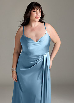 Azazie Brielle Robes de demoiselle d'honneur Robe Trapèze en Satin extensible Bretelles spaghetti Acier Bleuté image11
