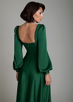 Azazie Solana Abiti da Damigella Abito A-Line in Raso Elasticizzato Maniche Lunghe Verde Scuro image4