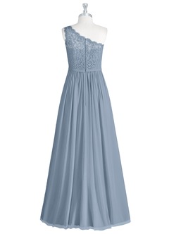 Azazie Demi Vestidos de damas de honor Vestido de Azul Polvoriento de Gasa de Corte en A con Hombro unilateral image8