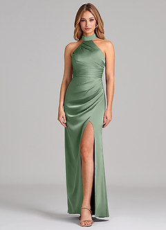 Azazie Karlotta Bridesmaid Dresses Matcha Sheath Pleated Stretch Satin Dress image1