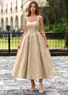 Sephone Champagne Square Neck Pearl Corset Midi Dress image6