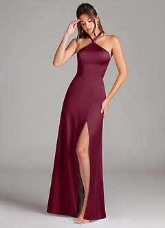 Azazie Elliana Bridesmaid Dresses Mulberry A-Line Side Slit Stretch Satin Dress image1