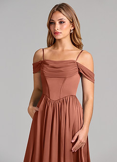 Azazie Raisa Bridesmaid Dresses Auburn A-Line Off the Shoulder Stretch Satin Dress image7