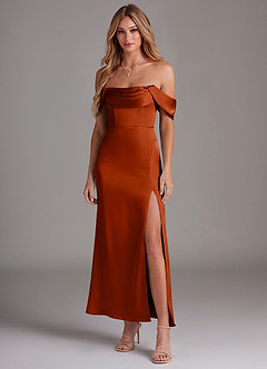 Azazie Saige Bridesmaid Dresses Paprika Mermaid Off the Shoulder Stretch Satin Dress image3