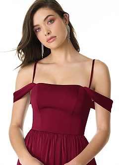 Azazie Morana Bridesmaid Dresses Burgundy A-Line Off the Shoulder Stretch Satin Convertible Dress image6