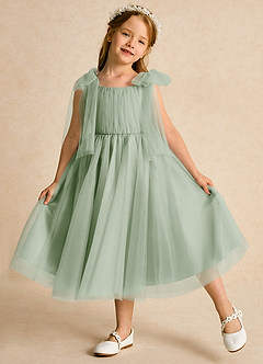 Azazie Dori Robe Demoiselle D'honneur Fillette Robe Trapèze en Tulle Rayé Vert Sauge image4