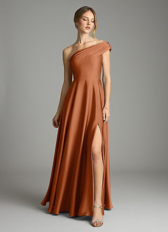 Azazie Melanie Bridesmaid Dresses Copper A-Line Off the Shoulder Stretch Satin Dress image3