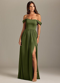 Azazie Calianna Bridesmaid Dresses Olive A-Line Off the Shoulder Stretch Satin Convertible Dress image1
