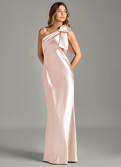 Azazie Yuanna Bridesmaid Dresses Rose Gold Mermaid One Shoulder Metallic Satin Dress image1