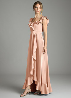 Azazie Lyra Bridesmaid Dresses Rose Gold A-Line Off the Shoulder Stretch Satin Convertible Dress image4