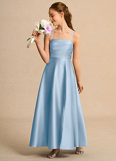 Azazie Pebbles Girls Formal Flower Girl Dresses Powder Blue A-Line Pleated Matte Satin Dress image4
