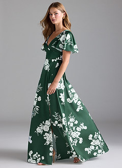Azazie Lani Bridesmaid Dresses Green Botanicals A-Line Flounce Sleeve Stretch Satin Dress image5