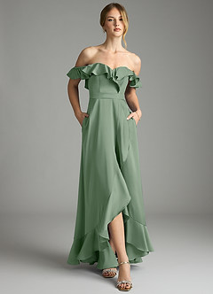 Azazie Lyra Bridesmaid Dresses Matcha A-Line Off the Shoulder Stretch Satin Convertible Dress image1