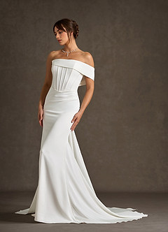 Azazie Grace Wedding Dresses Diamond White Mermaid Off the Shoulder Crepe Back Satin Dress image3