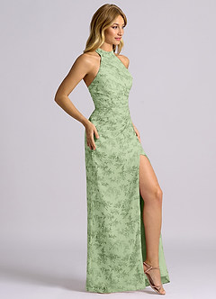 Azazie Jemma Bridesmaid Dresses Green Fern Floral Sheath Pleated Chiffon Dress image3