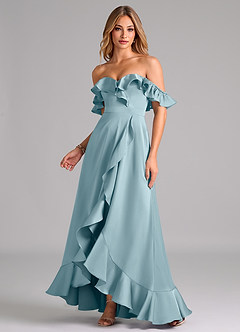 Azazie Lyra Bridesmaid Dresses Moody Blue A-Line Off the Shoulder Stretch Satin Convertible Dress image1