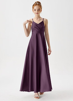 Azazie Avelina Junior Plum A-Line Pleated Stretch Satin Dress image4