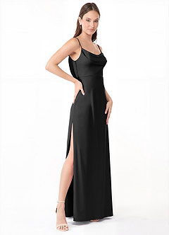 Azazie Alaija Vestidos de damas de honor Vestido de Negro de Satén Elástico de Corte Sirena con Corte Lateral image3