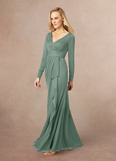 Azazie Risa Mother of the Bride Dresses Eucalyptus Mermaid V-Neck Pleated Mesh Dress image2