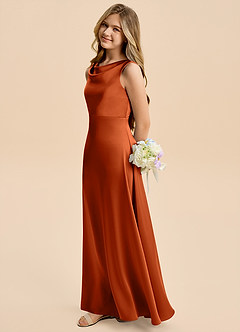 Azazie Kiki Junior Robe Trapèze en Satin extensible Arc Orange Brûlée image1