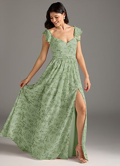 Azazie Nalin Vestidos de damas de honor Vestido de Floral Helecho Verde de Gasa de Corte en A con Volante image5