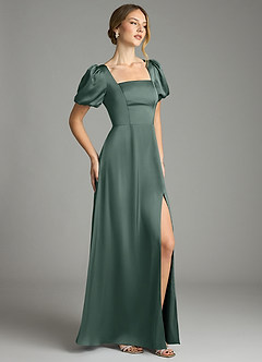 Azazie Fyona Bridesmaid Dresses Sea Moss A-Line Pleated Stretch Satin Dress image5