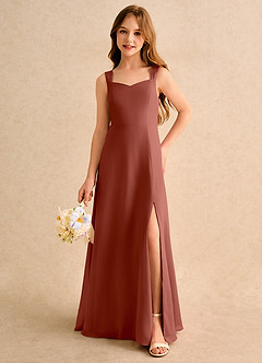 Azazie Makani Girls Formal Robe Demoiselle D'honneur Fillette Robe Trapèze en Mousseline de soie Encolure en Forme de Cœur Auburn image5