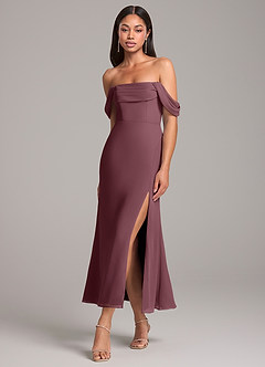 Azazie Saige Jurken voor bruidsmeisjes Converteerbaar Jurk van Chiffon met Kolom Off the Shoulder Sangria image3