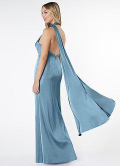 Azazie Kaylani Bridesmaid Dresses Steel Blue Mermaid High Neck Stretch Satin Dress image4
