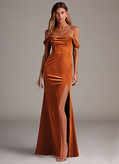 Azazie Saige Bridesmaid Dresses Burnt Orange Sheath Off the Shoulder Velvet Convertible Dress image4
