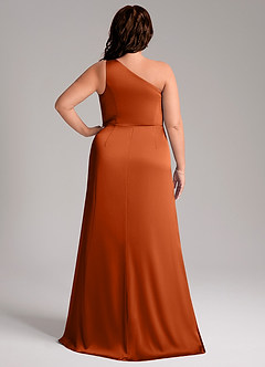 Azazie Phaedra Vestidos de damas de honor Vestido de Naranja Quemada de Satén Elástico de Corte en A con Hombro unilateral image9