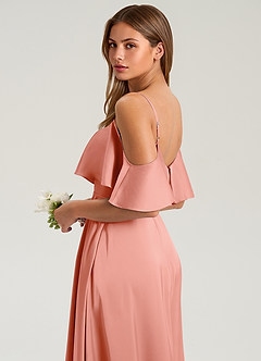 Azazie Jean Bridesmaid Dresses Coral A-Line Off the Shoulder Stretch Satin Dress image7