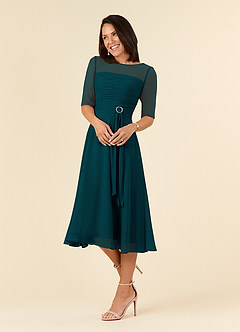 Azazie Naomi Mother of the Bride Dresses Pine A-Line Boatneck Pleated Chiffon Dress image3