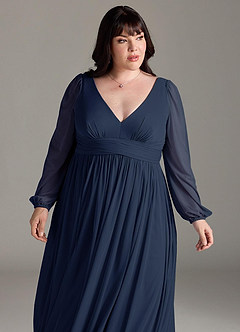 Azazie Norah Bridesmaid Dresses Dark Navy A-Line V-Neck Long Sleeve Chiffon Dress image12
