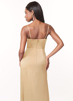 Azazie Maci Brautjungfernkleider A-Linie V-Hals Gefaltet Stretch-Satin Kleid Gold image4